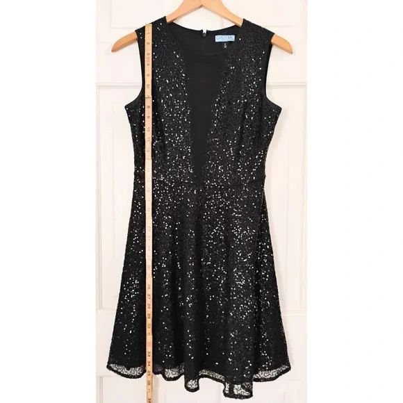 Cynthia Rowley Sequin Dress Size 2 Black Formal Fit Flare Mesh Neck Short - Picture 5 of 6